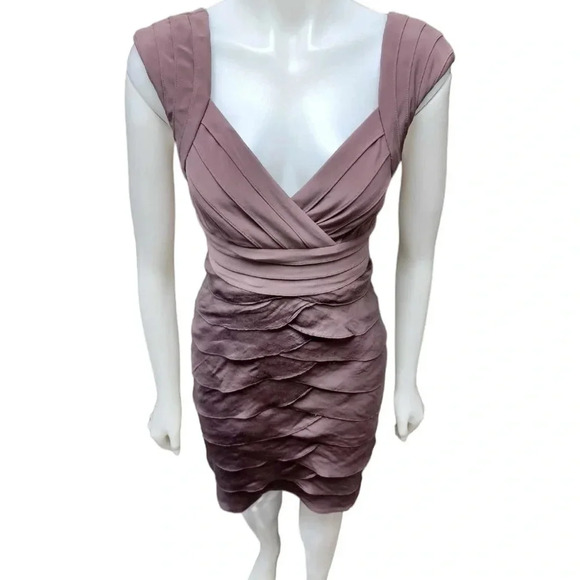 Adrianna Papell Shutter Pleat Ruffle Midi Taupe Sleeveless Dress Size 10 - Picture 4 of 11